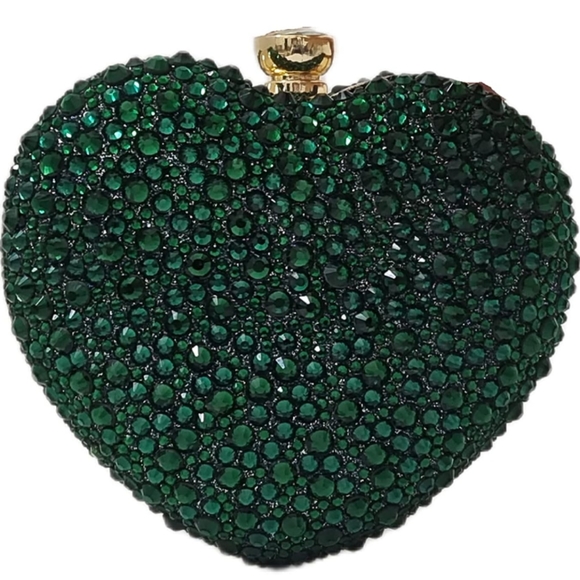 Emerald Green Heart Shaped Purse Crystal Clutch Crossbody Chain Event Mini Bag - Picture 2 of 16